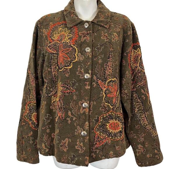 Coldwater Creek Womens Olive Orange Embroidered Mixed Media Jacket Blazer sz M - Picture 1 of 16